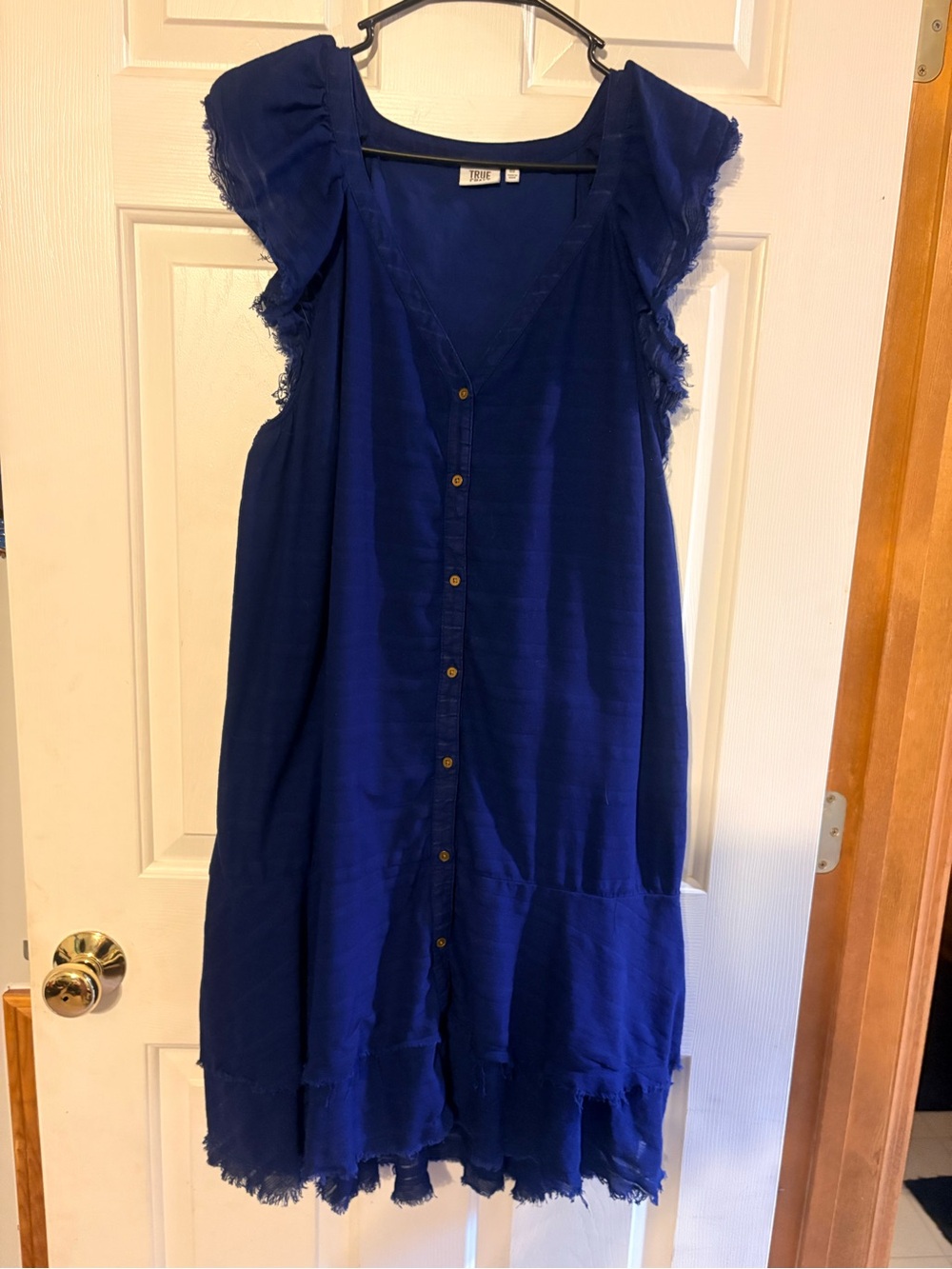 True Craft 0X Royal Blue Button Front Midi Dress Ruffle Sleeve Frayed whimsygoth